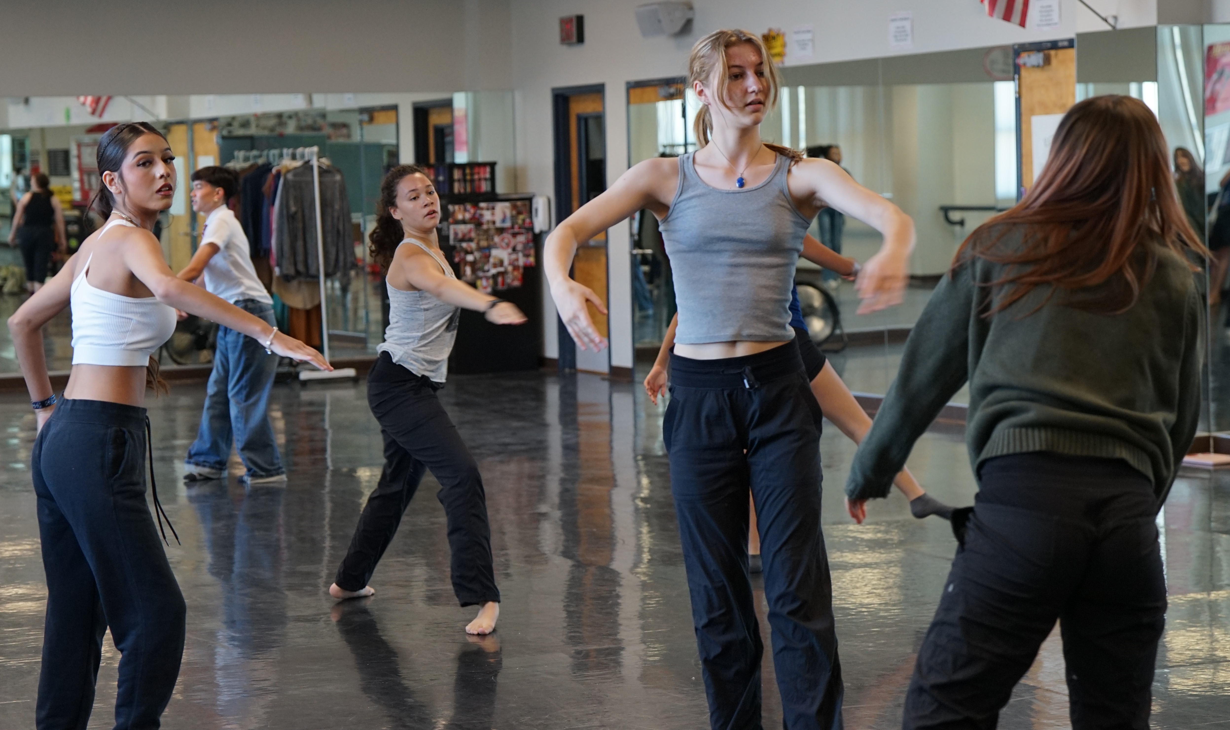 Dance students work on their turns on the second day of school