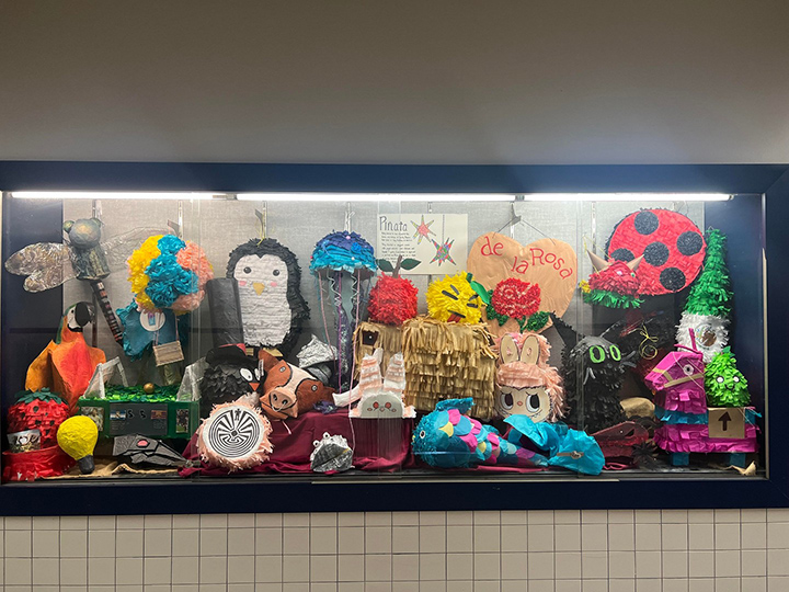 Colorful student artwork on display
