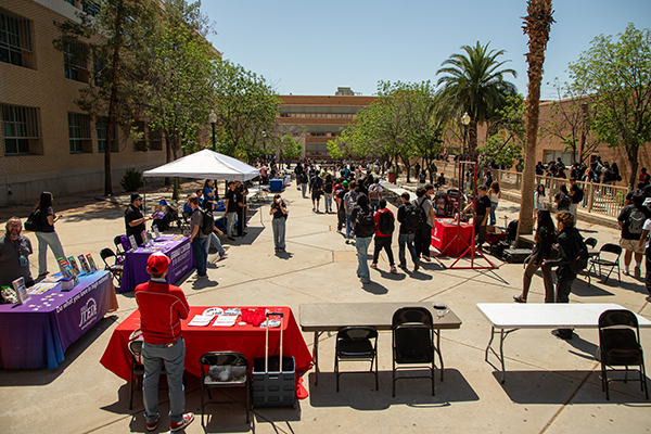 Students walk around campus during the college and career fair