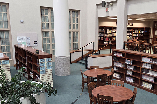 From the entrance showing the main floor and stairs to the reference section.